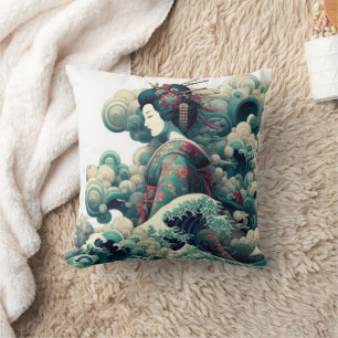 Oriental abstract Geisha Kanagawa waves clouds Cushion