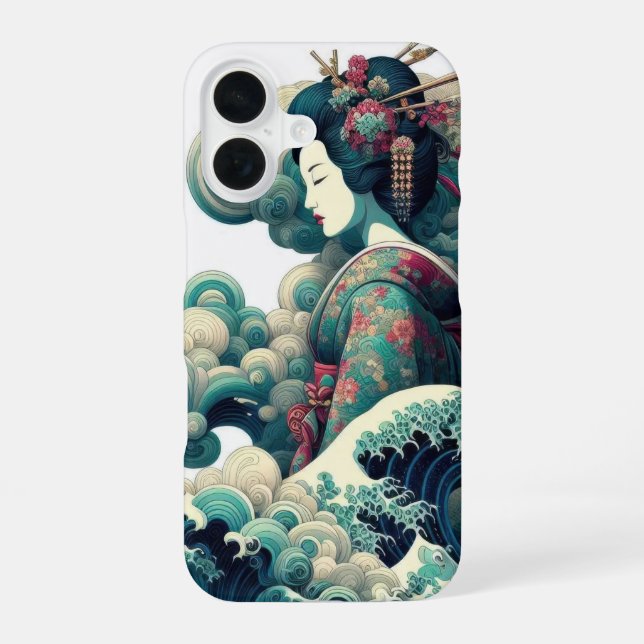 Oriental abstract Geisha Kanagawa waves clouds iPhone 16 Case (Back)