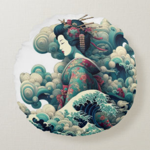 Oriental abstract Geisha Kanagawa waves clouds Round Cushion