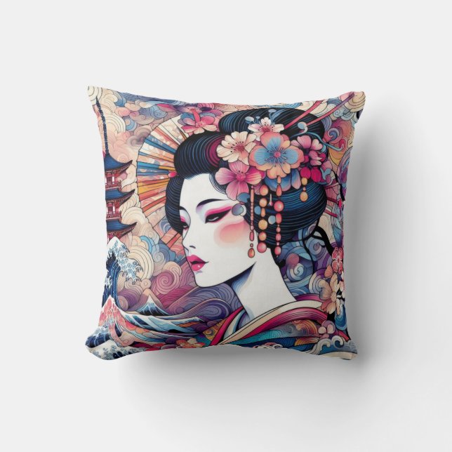 Oriental abstract Geisha pink flowers waves Cushion (Front)
