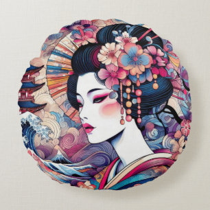 Oriental abstract Geisha pink flowers waves Round Cushion