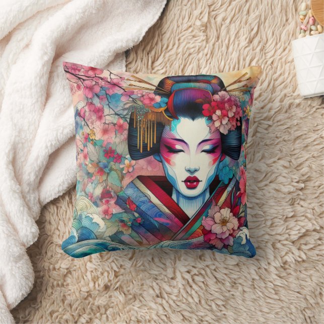 Oriental abstract Geisha sakura flowers tattoo Cushion (Blanket)