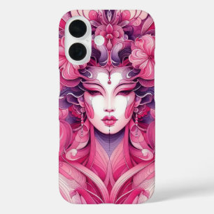 Oriental abstract symetrical Geisha pink flowers iPhone 16 Case