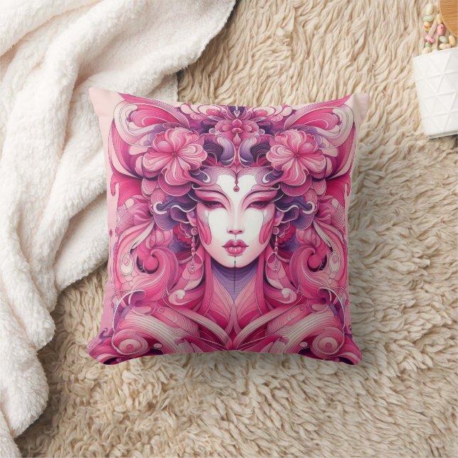 Oriental abstract symetrical Geisha pink flowers Cushion (Blanket)