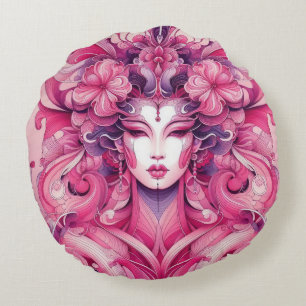Oriental abstract symetrical Geisha pink flowers Round Cushion