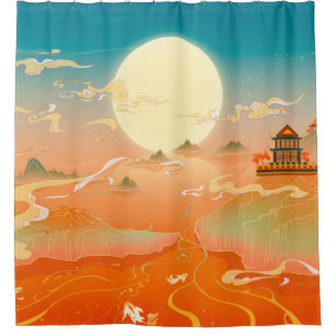 Oriental ancient landscape painting, classical pai shower curtain
