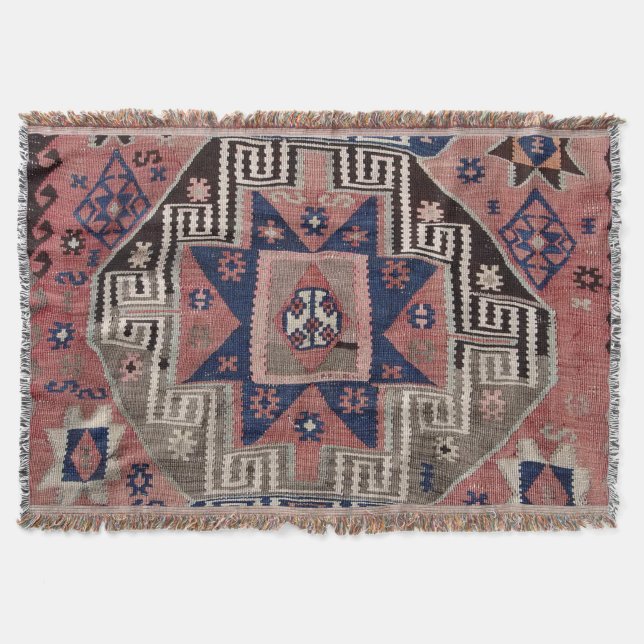 Oriental Antique Blue Kilim Rug  Red Throw Blanket (Front)