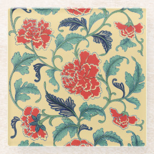 Oriental Antique Botanical Illustration of Peonies Glass Coaster