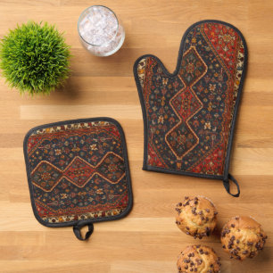 Oriental Antique Persian Turkish Carpet Rug Oven Mitt & Pot Holder Set