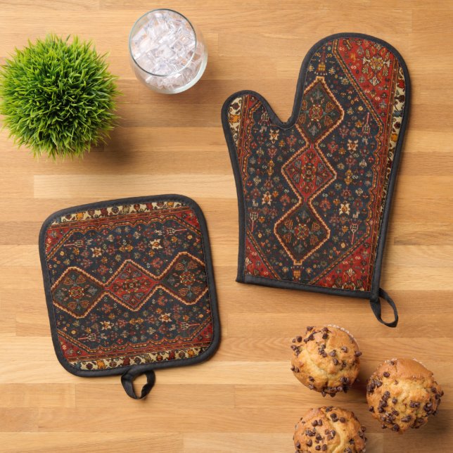 Oriental Antique Persian Turkish Carpet Rug Oven Mitt & Pot Holder Set (Top Down)