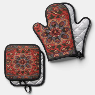 Oriental Antique Persian Turkish Floral Carpet Oven Mitt & Pot Holder Set