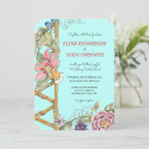 Oriental Aqua Floral Classic Chinoiserie Wedding Invitation