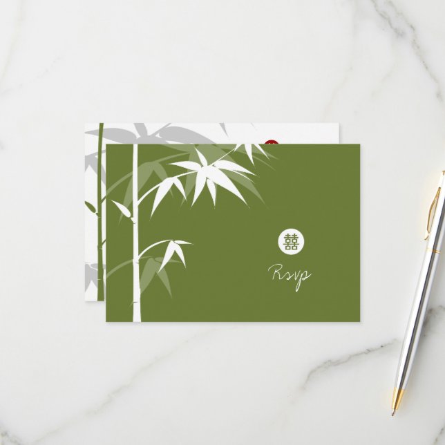 Oriental Asian Bamboo Tree Simple Chinese Wedding RSVP Card (Front/Back In Situ)