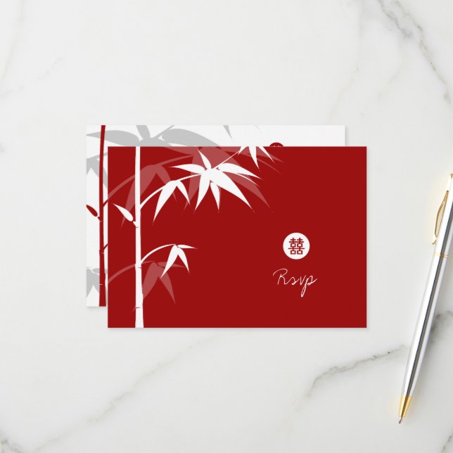 Oriental Asian Bamboo Tree Simple Chinese Wedding RSVP Card (Front/Back In Situ)