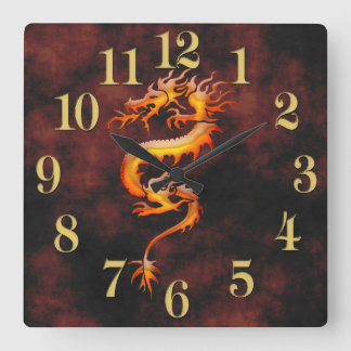 Oriental Asian Gold Dragon Designer Timepiece Square Wall Clock