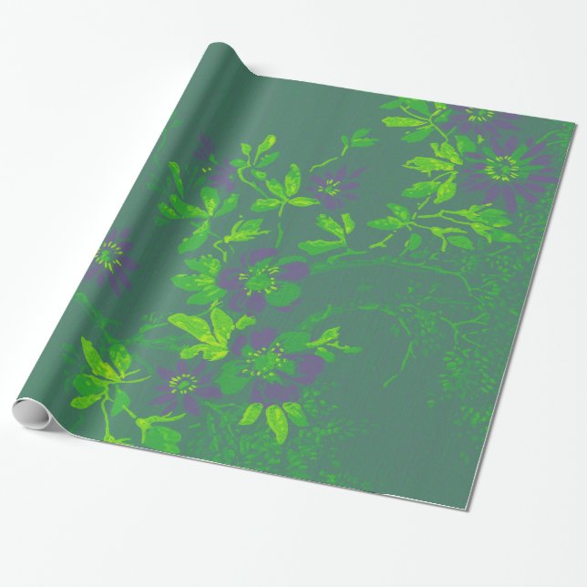 Oriental Bamboo Green Purple Emerald Cali Floral Wrapping Paper (Unrolled)