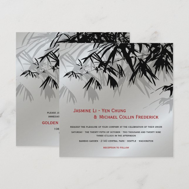 Oriental Bamboo Leaves Black Silver Asian Wedding Invitation (Front/Back)