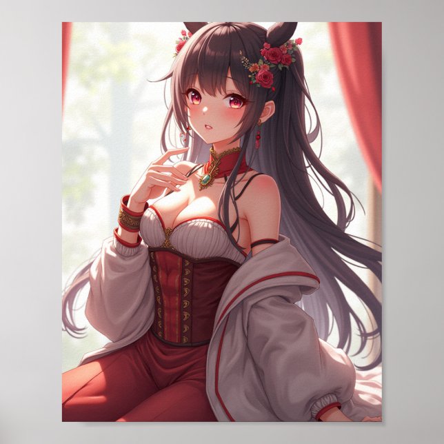 Oriental Beauty: Anime Girl in a Red Corset Poster (Front)