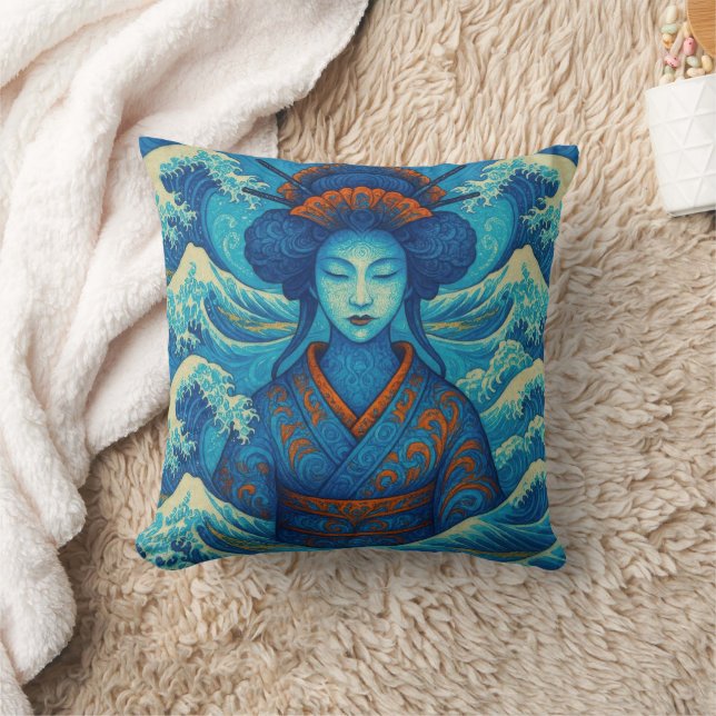 Oriental beauty Geisha Kanagawa blue waves Cushion (Blanket)
