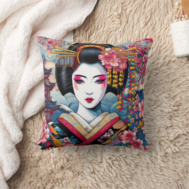 Oriental beauty Geisha Maiko sakura flowers waves Cushion (Blanket)