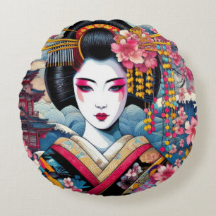 Oriental beauty Geisha Maiko sakura flowers waves Round Cushion