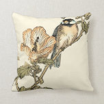 Oriental Bird Perched on Branch Cushion<br><div class="desc">This art print displays sharp,  vivid image of an oriental bird perched on a branch. Below it there is an orange flower with a high degree of colour accuracy. This contemporary fine art print of a traditional Oriental-inspired art will add character to any wall in your house.</div>