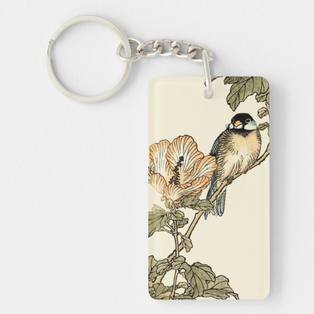 Oriental Bird Perched on Branch Key Ring (Front)