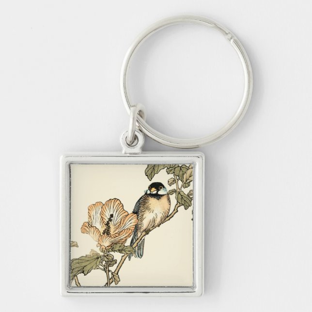 Oriental Bird Perched on Branch Key Ring (Front)