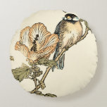 Oriental Bird Perched on Branch Round Cushion<br><div class="desc">This art print displays sharp,  vivid image of an oriental bird perched on a branch. Below it there is an orange flower with a high degree of colour accuracy. This contemporary fine art print of a traditional Oriental-inspired art will add character to any wall in your house.</div>