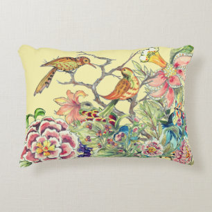 Oriental Birds in Flower Garden Chinoiserie Yellow Decorative Cushion