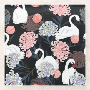Oriental Blooming Flowers Swan Pattern Glass Coaster