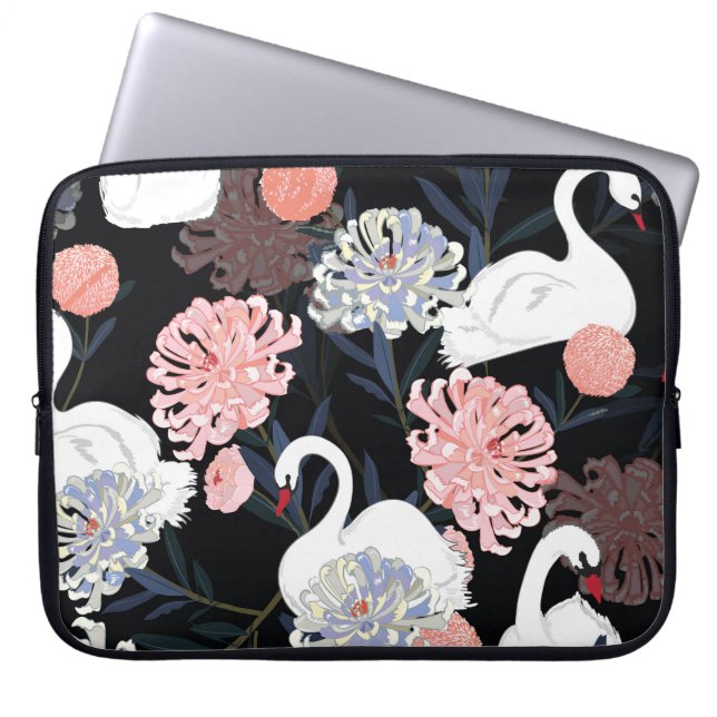 Oriental Blooming Flowers Swan Pattern Laptop Sleeve (Front)
