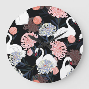 Oriental Blooming Flowers Swan Pattern Large Clock