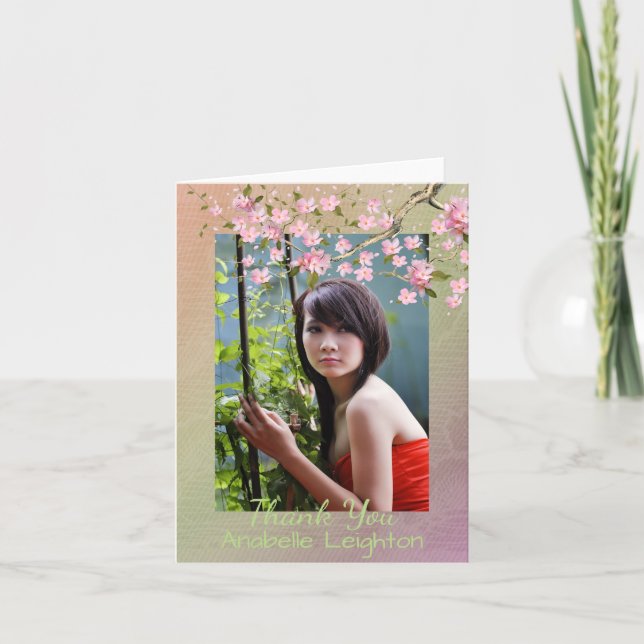 Oriental Blossom Photo Graduation Thank You Card (Front)