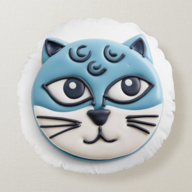 Oriental Blue Cat 3D Inspired Round Cushion (Front)