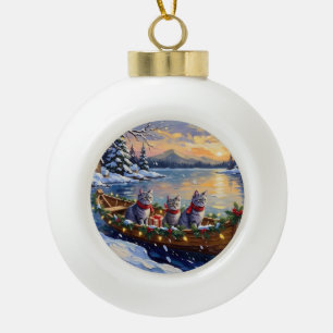 Oriental Blue Cat Christmas Boat Holiday Ceramic Ball Christmas Ornament