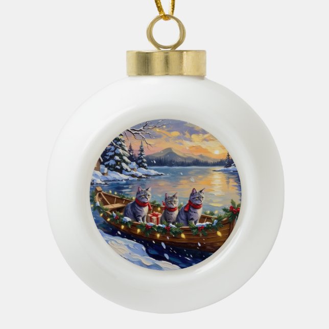 Oriental Blue Cat Christmas Boat Holiday Ceramic Ball Christmas Ornament (Front)