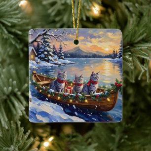 Oriental Blue Cat Christmas Boat Holiday Ceramic Ornament