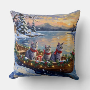 Oriental Blue Cat Christmas Boat Holiday Cushion