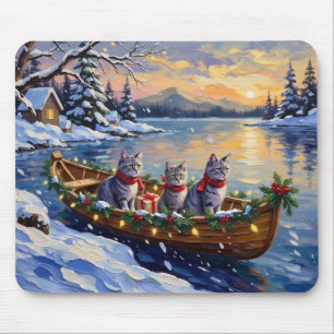Oriental Blue Cat Christmas Boat Holiday Mouse Mat