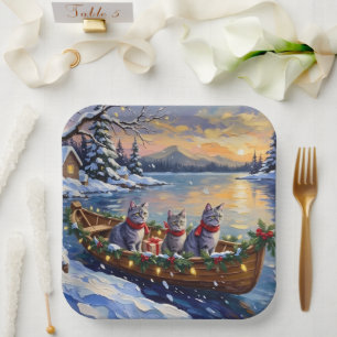 Oriental Blue Cat Christmas Boat Holiday Paper Plate