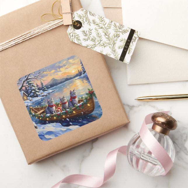 Oriental Blue Cat Christmas Boat Holiday Square Sticker (Gifting)