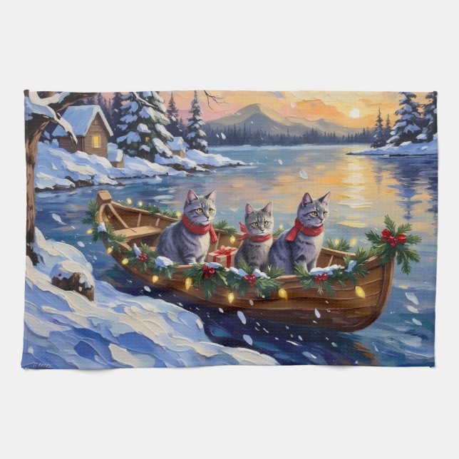 Oriental Blue Cat Christmas Boat Holiday Tea Towel (Horizontal)