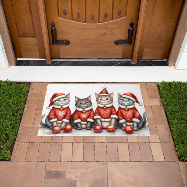 Oriental Blue Cat Christmas Dress Santa Hat Doormat (Outdoor)