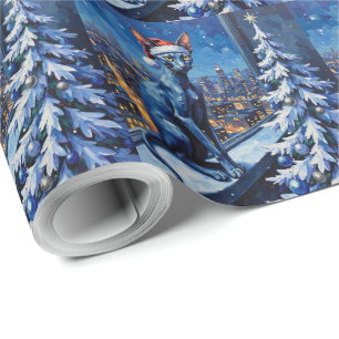 Oriental Blue Cat Christmas High-Rise City Lights Wrapping Paper