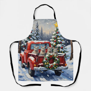 Oriental Blue Cat Christmas Red Truck Holiday Apron