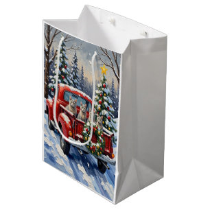 Oriental Blue Cat Christmas Red Truck Holiday Medium Gift Bag