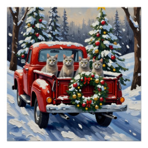 Oriental Blue Cat Christmas Red Truck Holiday Poster
