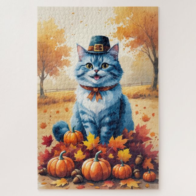 Oriental Blue Cat In Autumn Leaves Thanksgiving  Jigsaw Puzzle (Vertical)