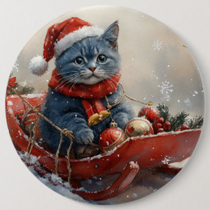 Oriental Blue Cat in Sledge Let it Snow Christmas  6 Cm Round Badge